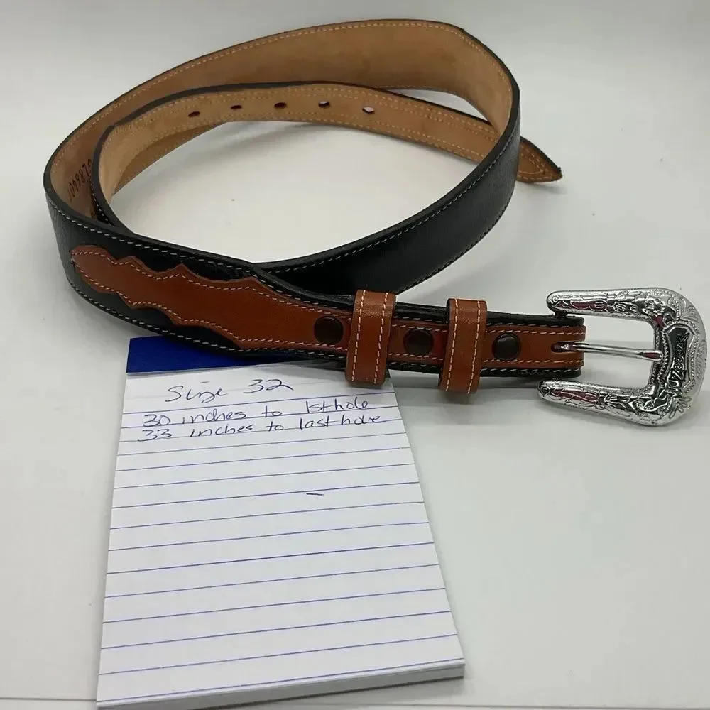 Tony Lama Men's Black and Brown Leather Belt with Silver Buckle